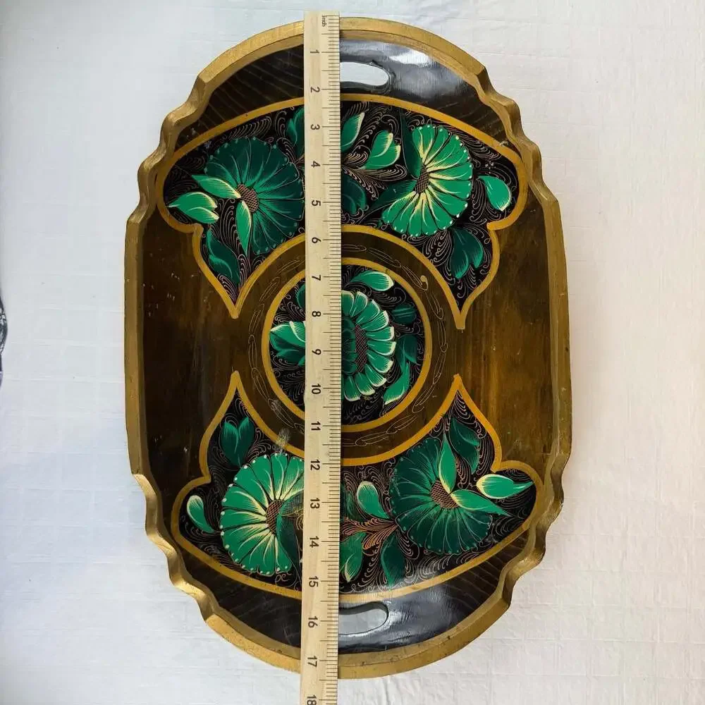 Oval Wood Serving Tray Green Floral Folk Art Gold Trim Handles Large 17in Mexico